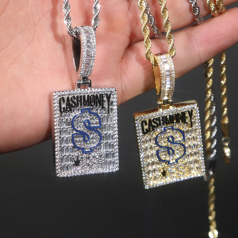 Hip Hop Jewelry Micro Pave 5A Geometric Rectangle CZ Cash Money Dollar Pendant With Rope Chain Necklace For Men Boy