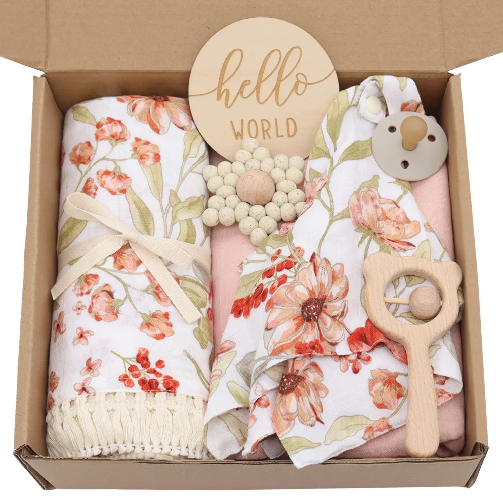 Lifetree Customized Bamboo Cotton Muslin Waffle blanket Milestone wooden  Card Crochet  Flower Romper  Newborn Baby Gift Sets