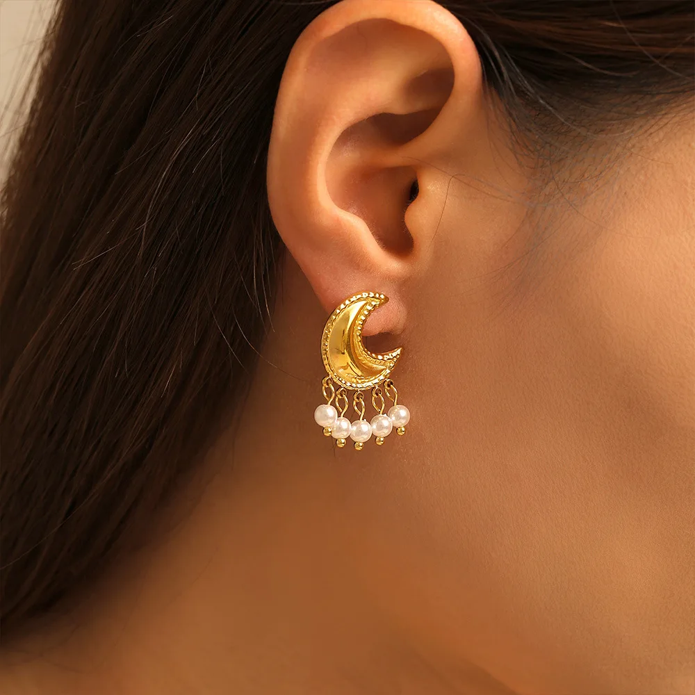 Ear Rings for Women Moon Earrings Plastic Pearl Drop Earrings Wholesale Gold Plated Stainless Steel Earings Jewelry Women