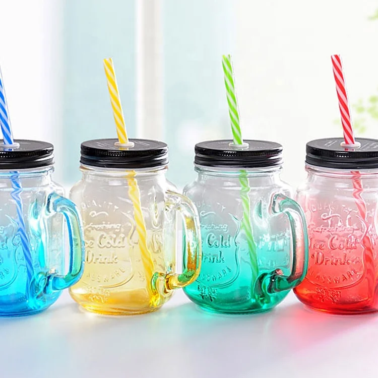 High Quality 16OZ Colored Glass Mason Jar With Handle and Lid for Drinking