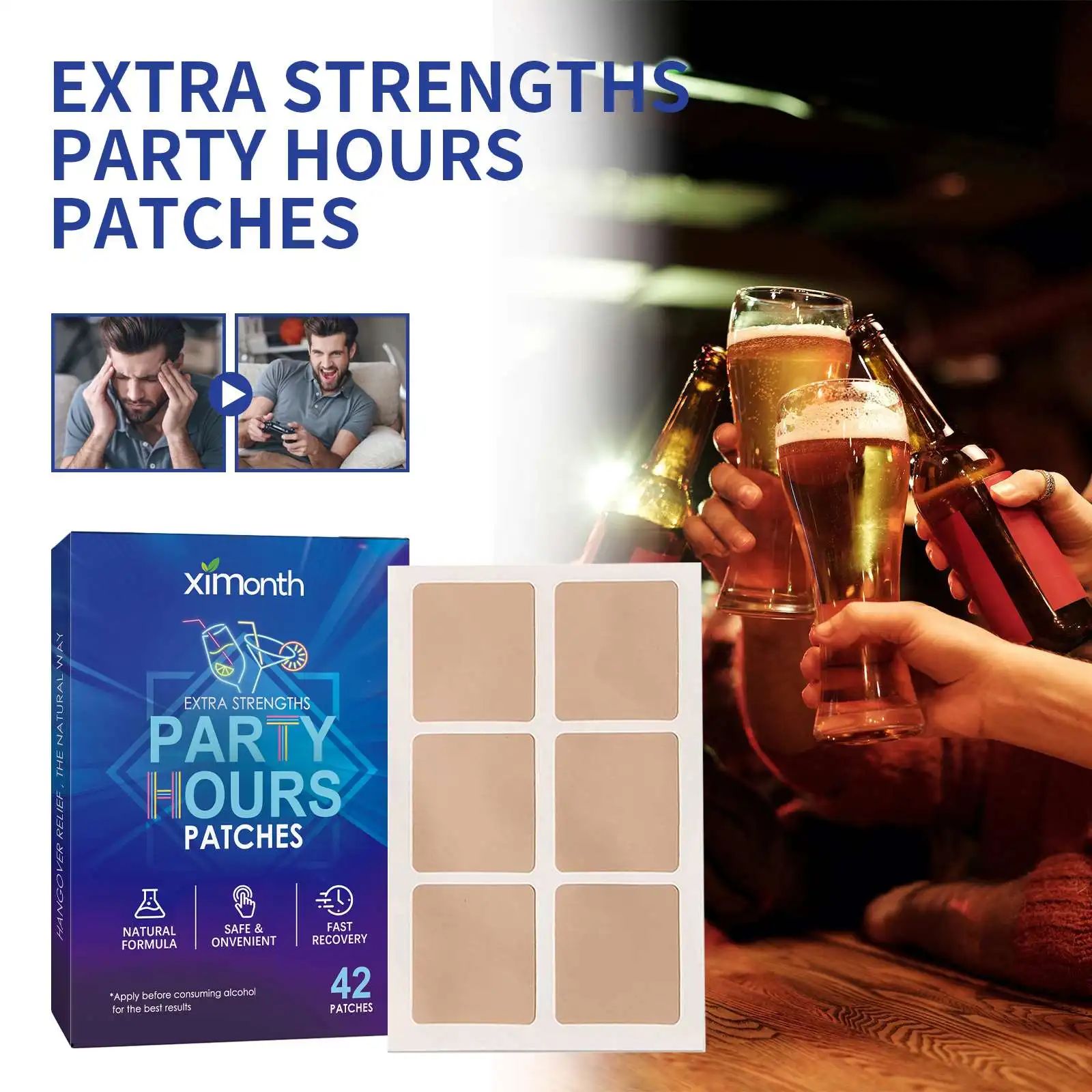 Ximonth Wholesale Private Label 42 Patches/Box Extra Strengths Party Hours Patches  Sober Up Drink Stickers Hangovers Forever