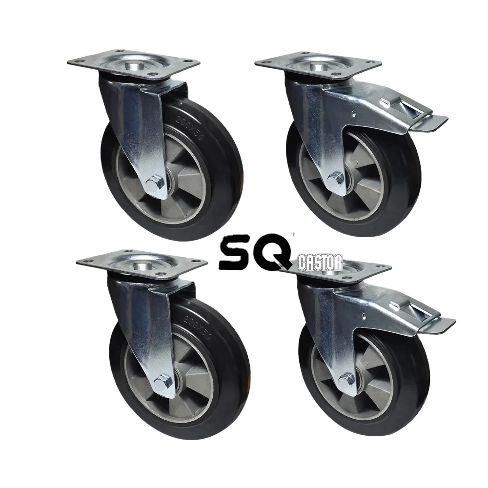 Guangdong manufacture high quality heavy duty aluminum core 4 5 6 8 10 inch Rubber caster wheels 7 inch trolley wheel