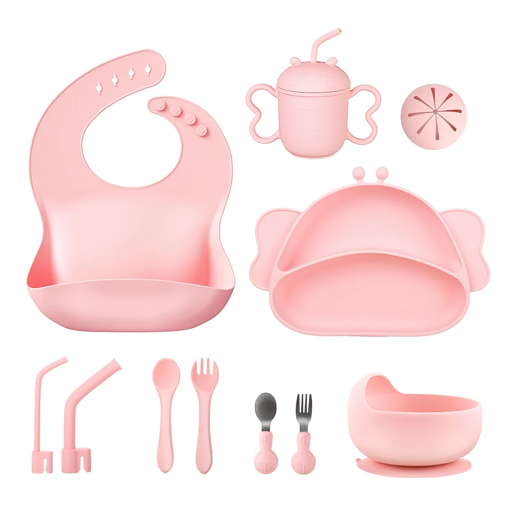 Hot Selling kids Dining Silicone Bib Bowl Spoon Fork Baby Snack Plate Tableware Silicone Baby Feeding Set