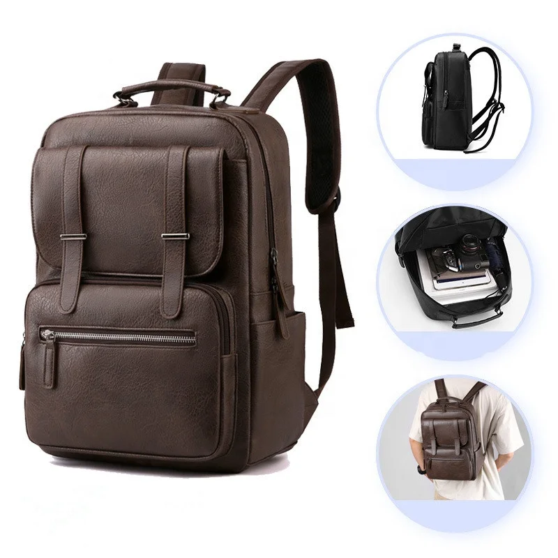 Wholesale Custom Logo College Student Backpack Waterproof PU Leather Shoulder Bag For Men Travel Business Laptop Backpack