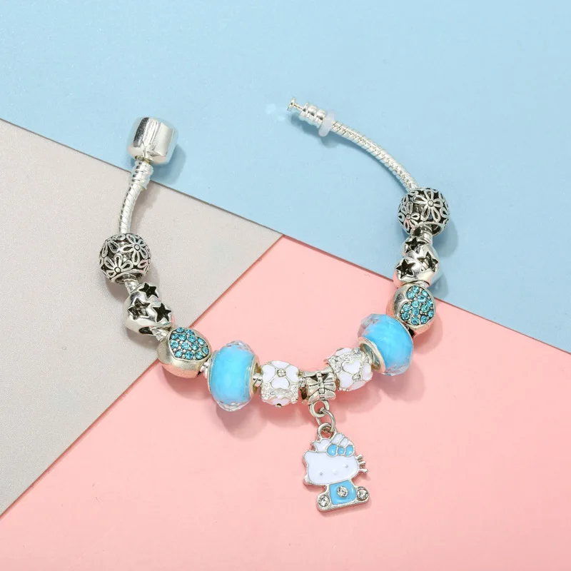 Wholesale 925 Silver Plated Snake Chain Fashion accessories Crystal Rhinestone Beads Charms Hello kitty Bracelets For Women