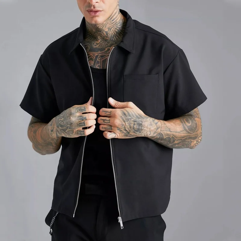 First class high quality men short sleeve shirt custom logo nylon 4 way stretch boxy fit zip black overshirt