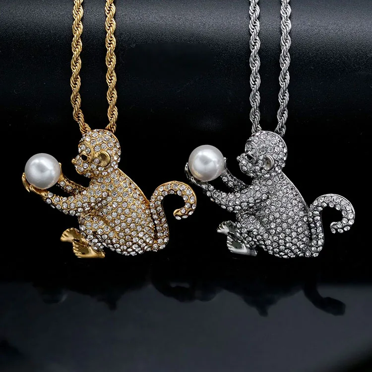 Custom Fashion Jewellery Wholesale Stainless Steel Cartoon Design Lovely Monkey Zircon Pendant Necklace With Pearl