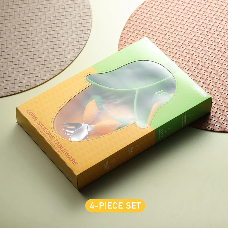 New best seller baby products and items baby silicone tableware set feeding supplies Fork spoon bibs set