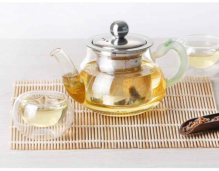 Amazon Hot Sell Heat Resistant High Borosilicate Glass Tea Pot and Tea Cup Set Infuser with gorgeous Jade Handle Tea strainer