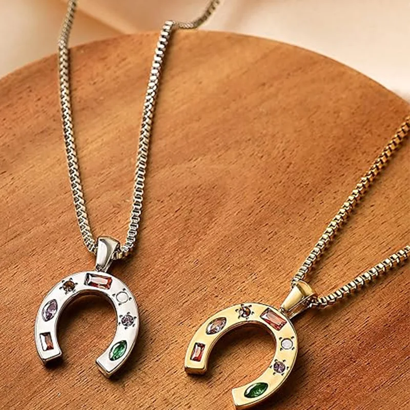 Rainbow zircon U-shaped horseshoe 925 Sterling Silver lucky necklace for Men Women