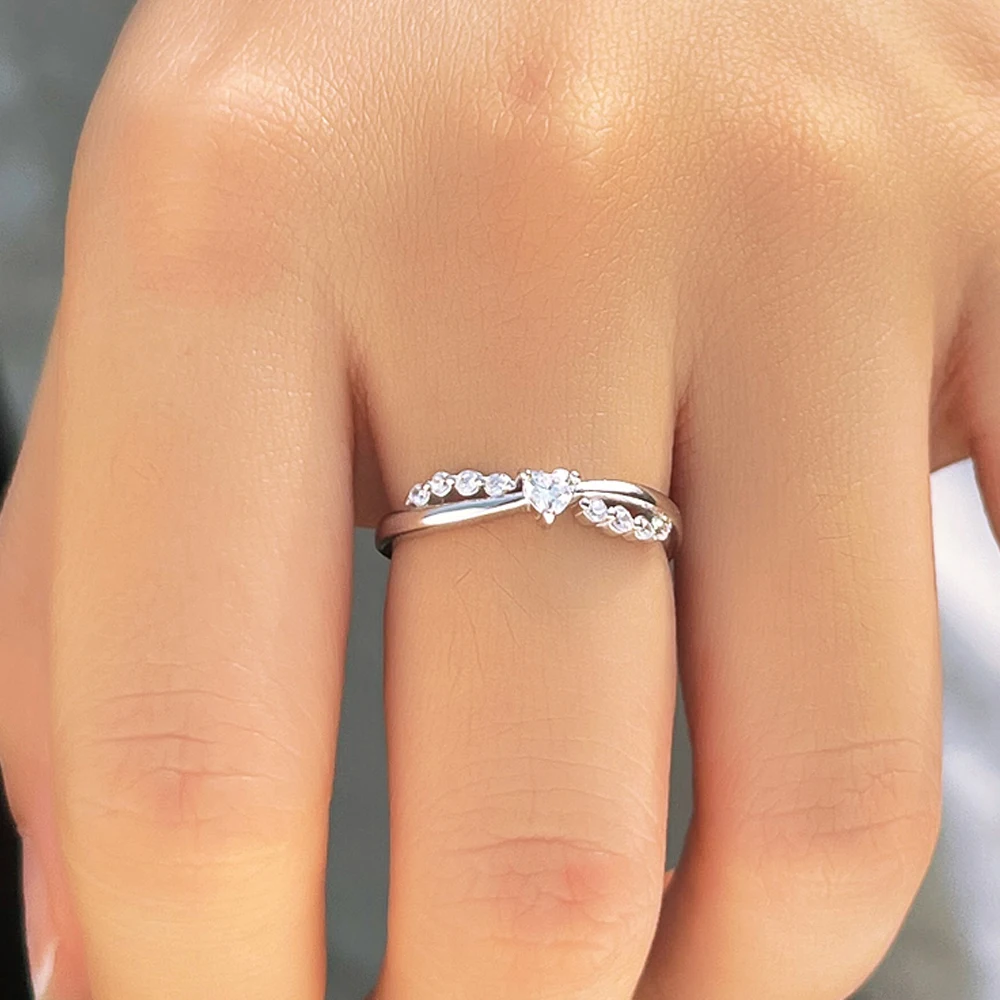 Double Layer Cross Wedding Classic Heart Shape Stone 925 Silver Finger Rings for Women Jewelry Heart Ring 925 Sterling Silver