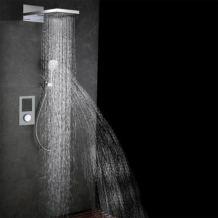 kaiping Digital Chrome Plated Two Functions Shower Head Set LED Digital Rain Panel Thermostatic Shower Faucet