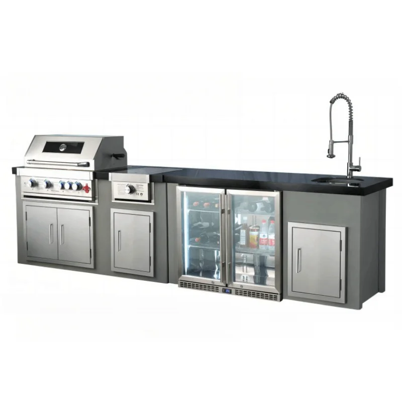 Custom Outdoor Kitchen Stainless Steel Cabinets Garden Mobile Modular BBQ Grill Island With Bar Sink Fridge Gas Grills