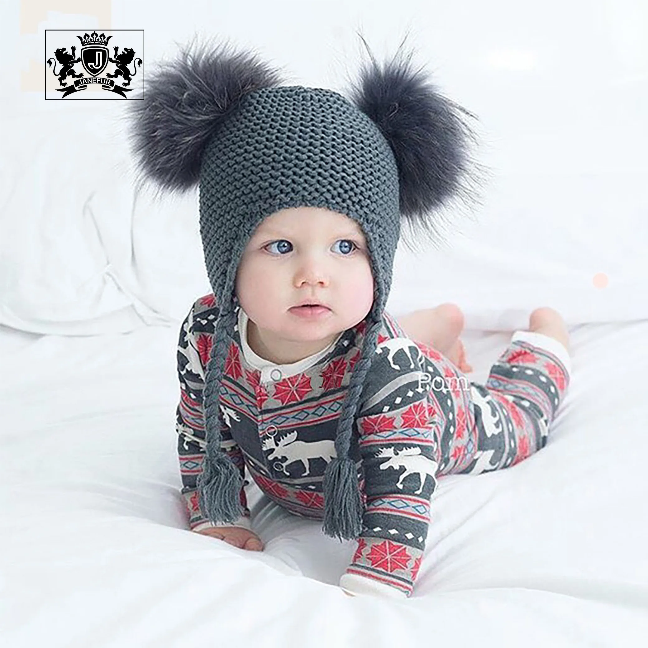 Wholesale Winter Real Fur Kids Hat Fashion Double Fur Balls Baby Knit Beanie Warm Big Real Fur Pom Pom Braid Hat (1600552907399)