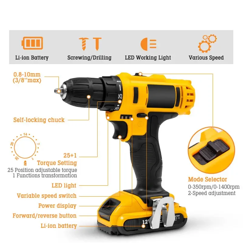 Power Tools Set Drill Bit Screwdriver 12v Electric Cordless Wireless Drill High Quality Plastic Box Packing Driver Battery Drill
