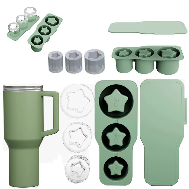 Ice Cube Tray for Stanley Tumbler Cup BPA Free  Silicone Ice Mold with Lid & Bin for Freezer