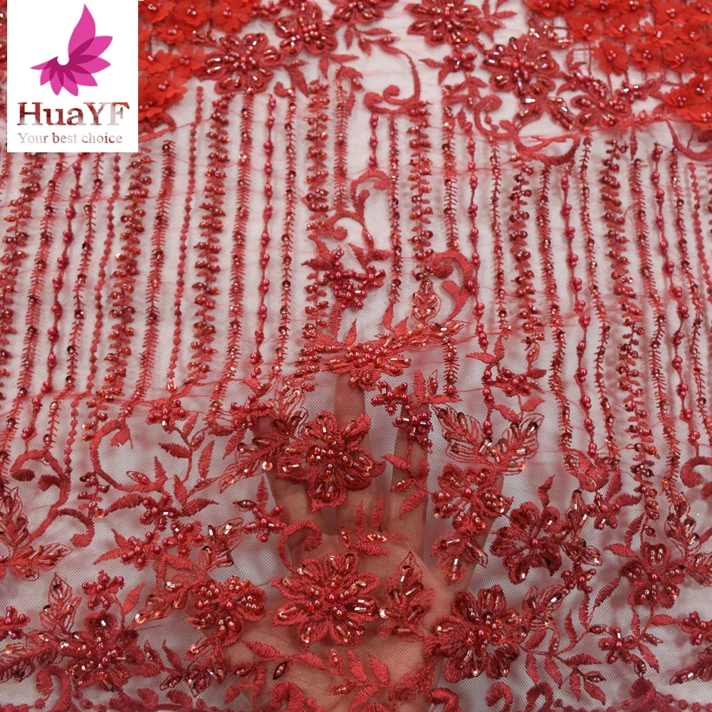 2020 Ready Stock dubai fabric importers Red luxury embroidered dress fabrics 3d flower lace wholesales HY1270