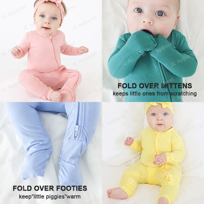 Custom winter Solid Bamboo Two Way Zipper Baby  long sleeve Romper Footie clothes newborn baby clothes baby pajamas