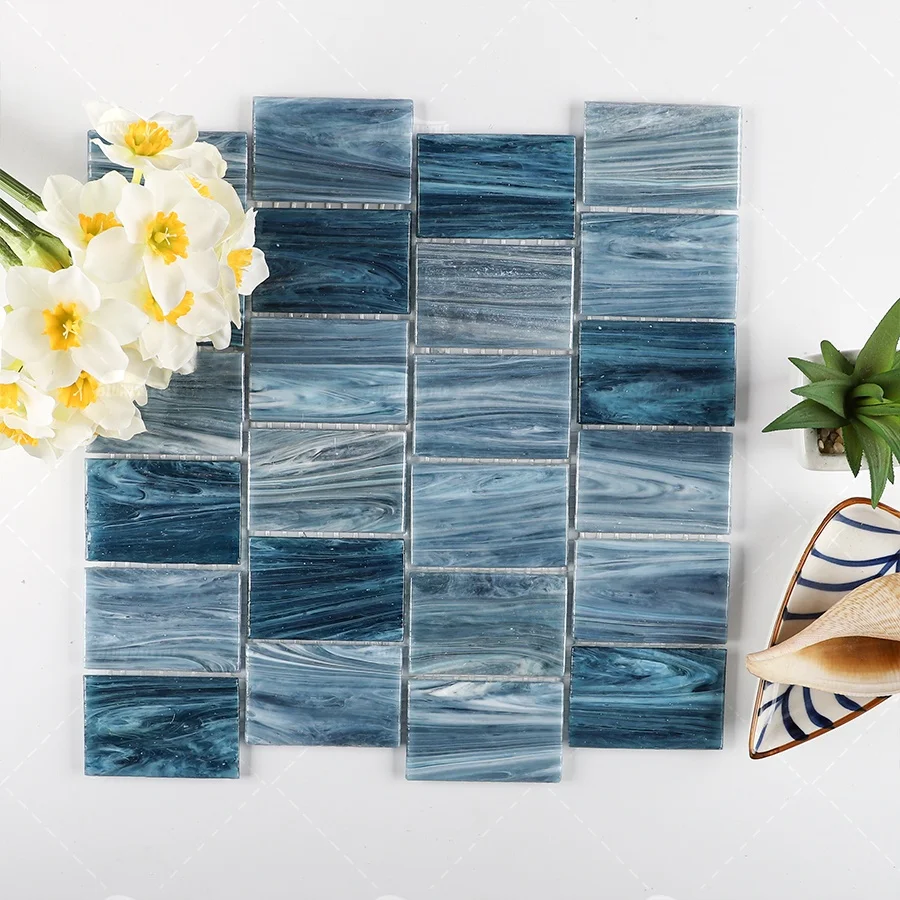 Bluwhale Tile Backsplash Pool Waterline Blue Pearl White Matte Rectangle Iridescent Glass Moasic Tile For Swimming Pool