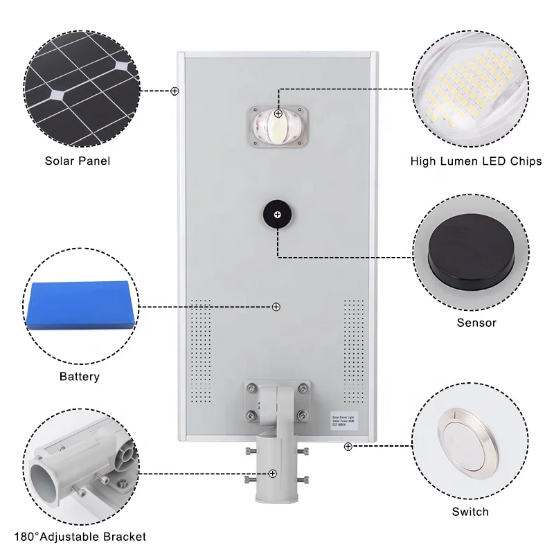 Direction adjustable aluminum 40w integrated solar led street light with pole 6m