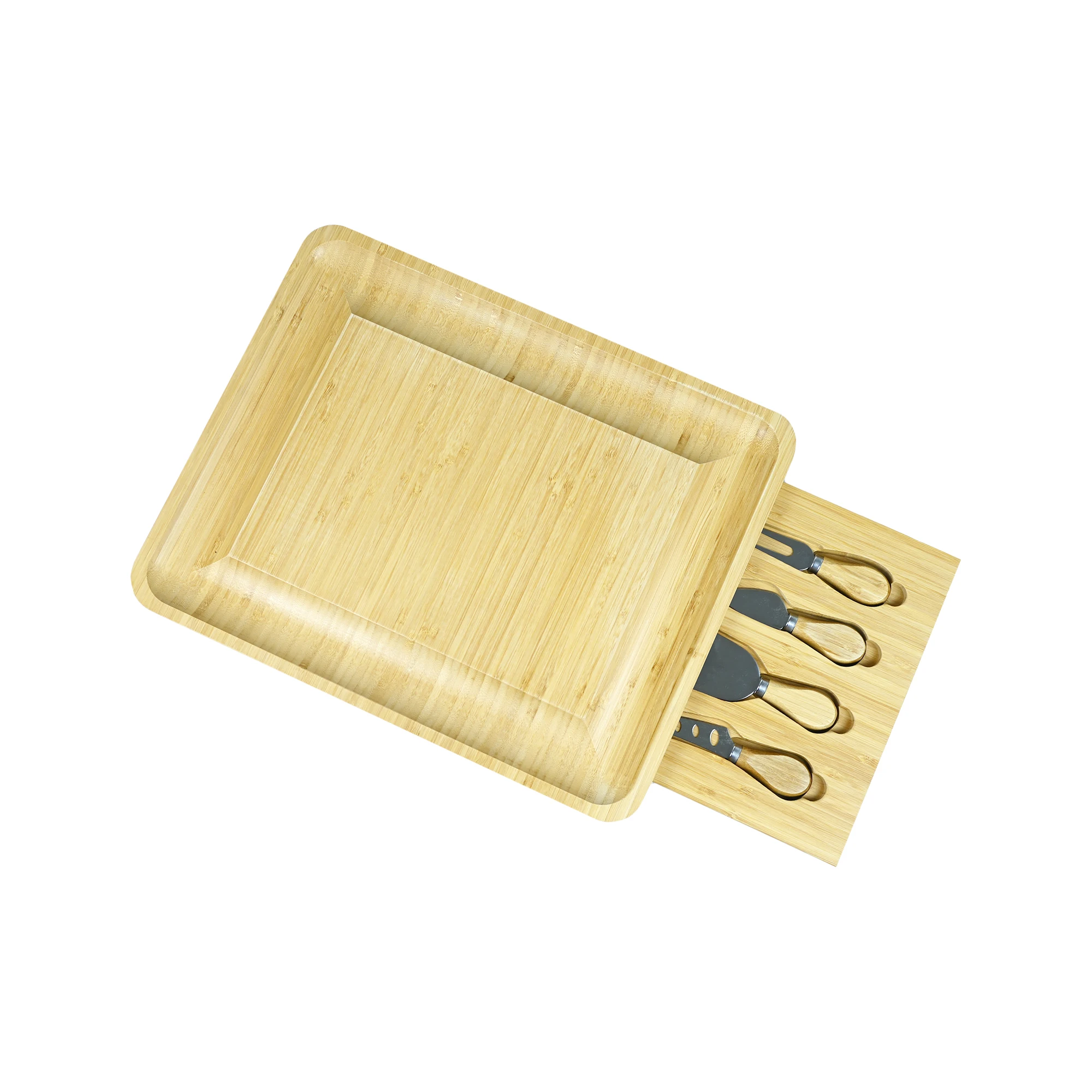 Bamboo Cutting Board With 3 Knife Rotatable Round Cheese Serving Platter Folding Cutting Boards For Fruit Meat