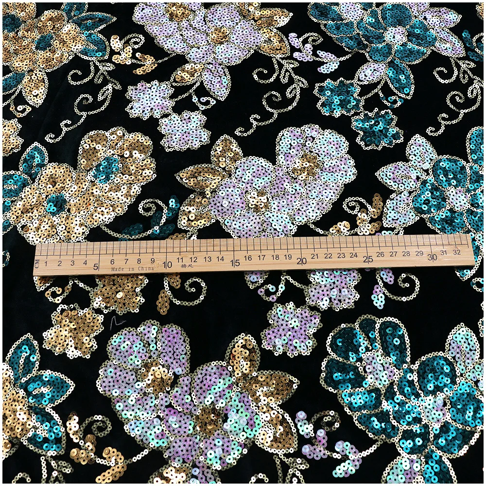 high-quality embroidery fabric with a rich and intricate floral pattern Velvet sequin embroidery fabric
