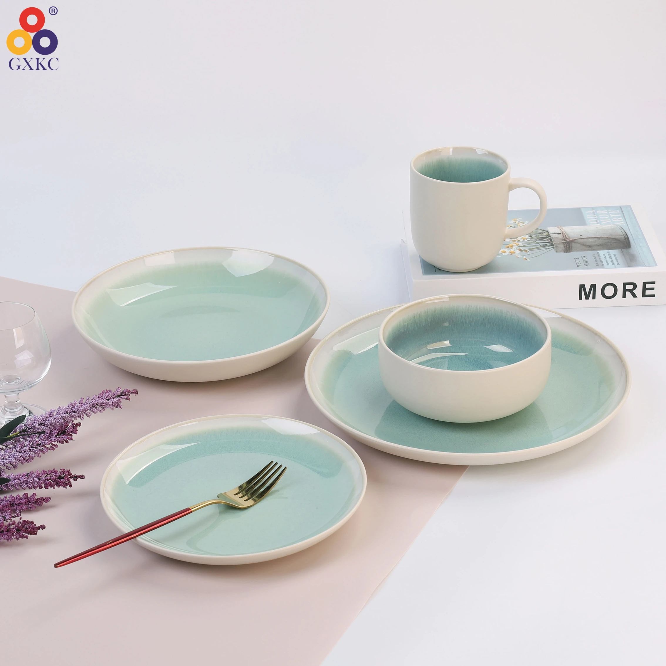 Sanhuan lead and cadmium free high quality green reactive glazed color porcelain tableware sets ceramic dinnerware