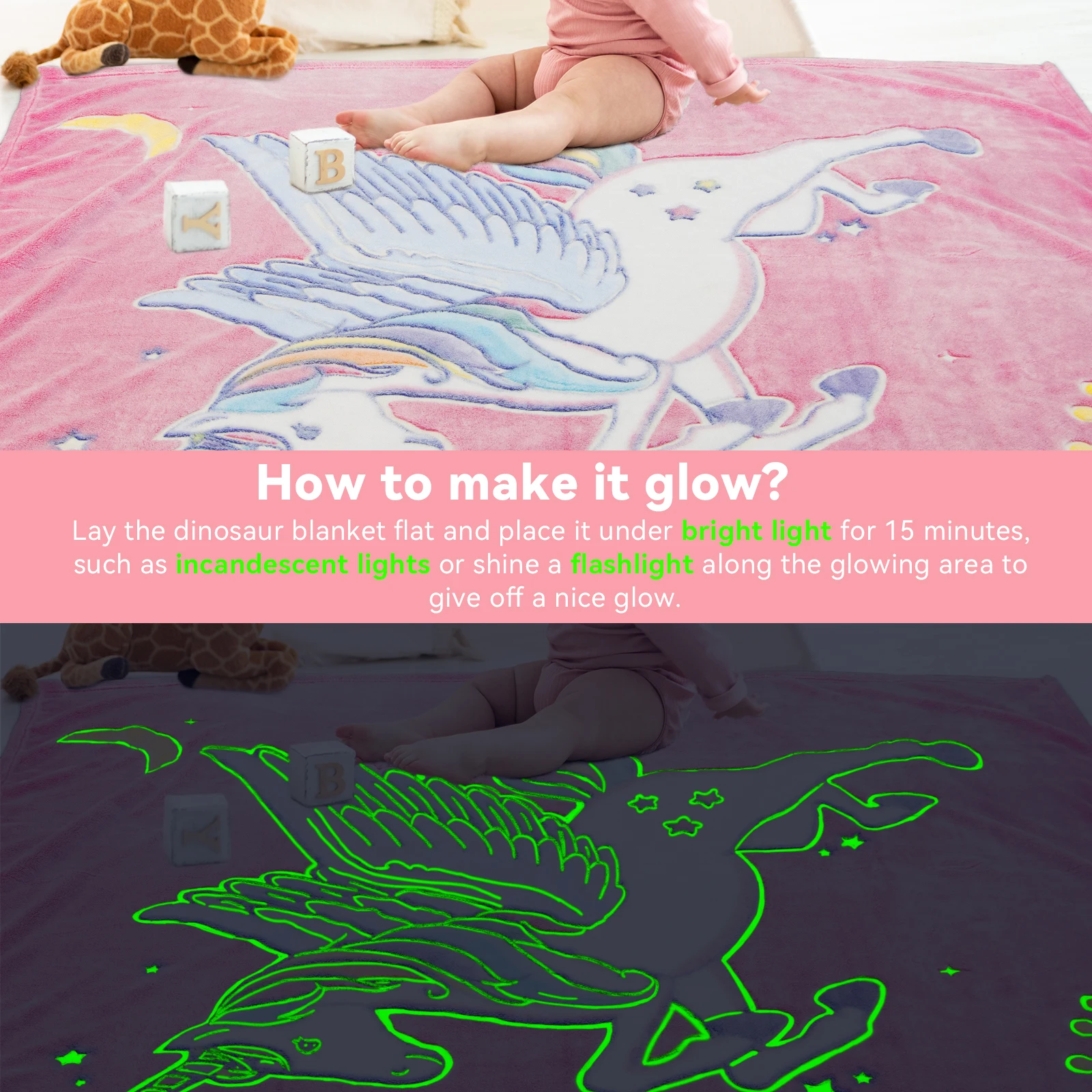 High Quality Custom Offset Printing Unicorn Design Colorful Flannel Fleece Luminous Glow In The Dark Blanket Pegasus For Kids
