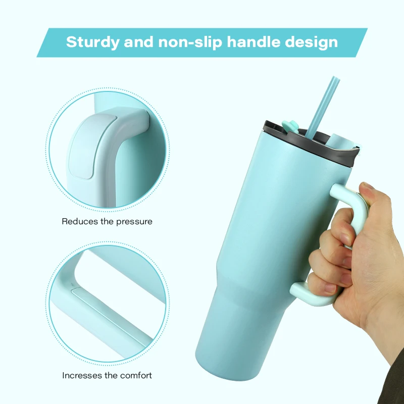 Everich Fashion Large Capacity Wide Mouth 40 oz Double Wall Insulated Tumbler For Running and Camping with Handle and Simple Lid