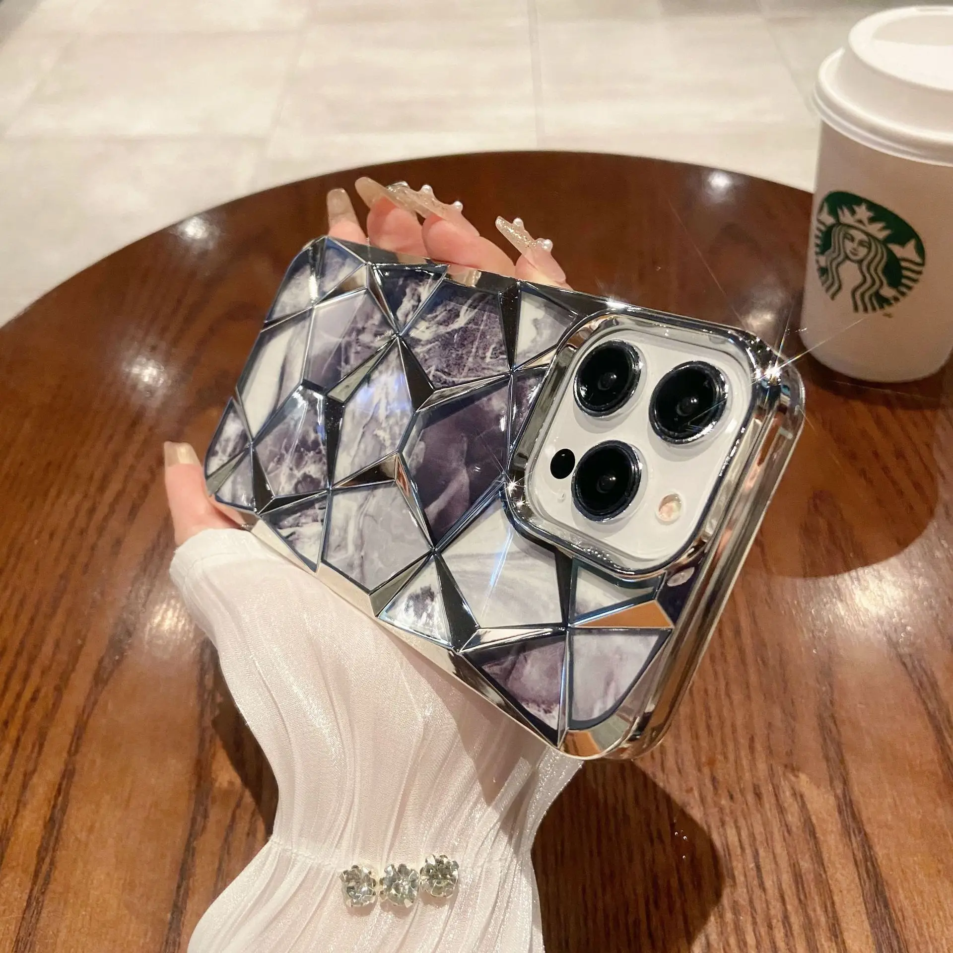 Gradient Glitter Marble Diamond Texture 3D Lattice Phone Case, Plating Soft TPU Cover for iphones 16 15 14 13 12 11 pro max