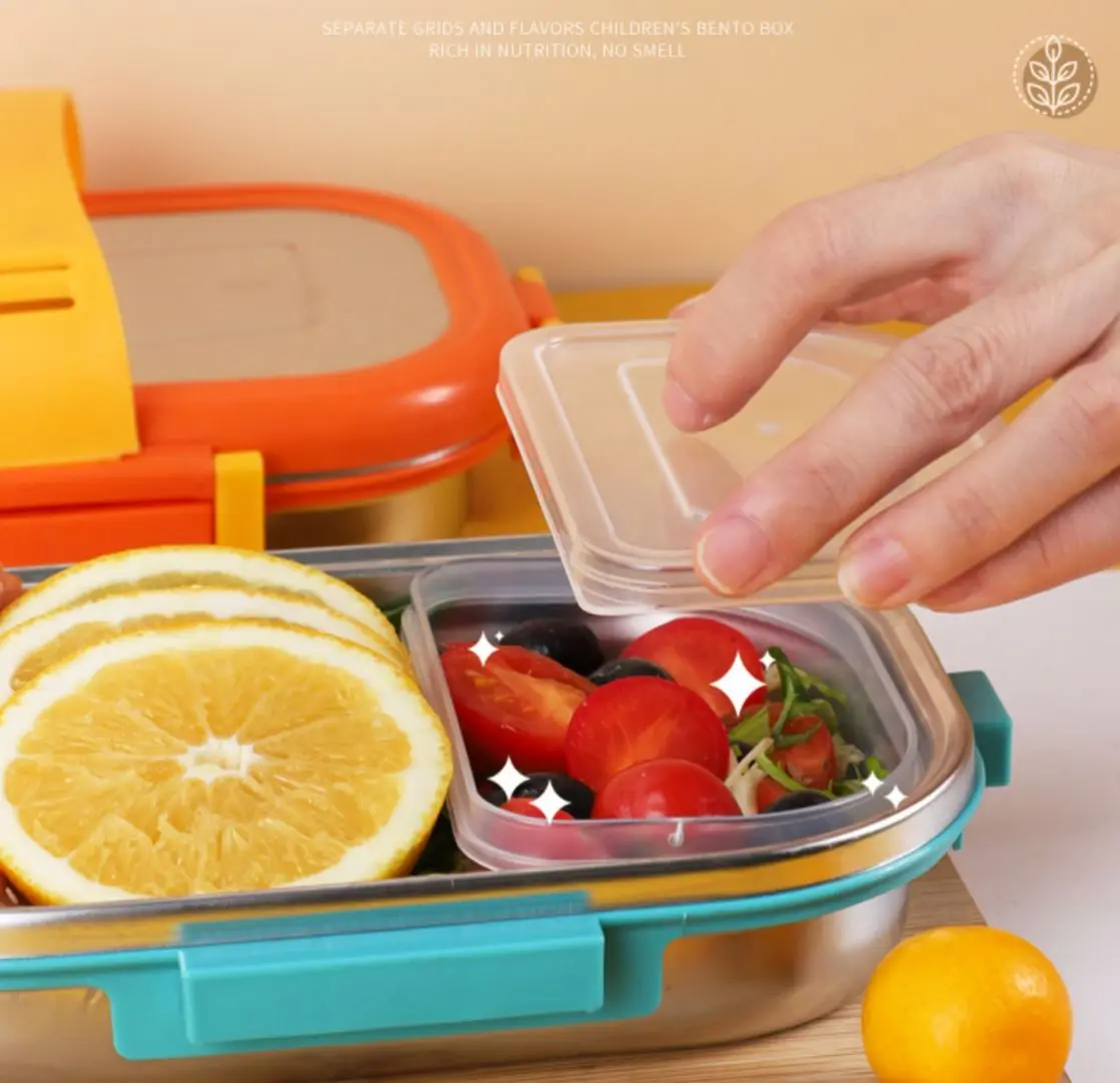 Double Layer Stainless Steel Bento Lunch Box for Kids Eco Friendly Portion Snack Food Containers With Handle