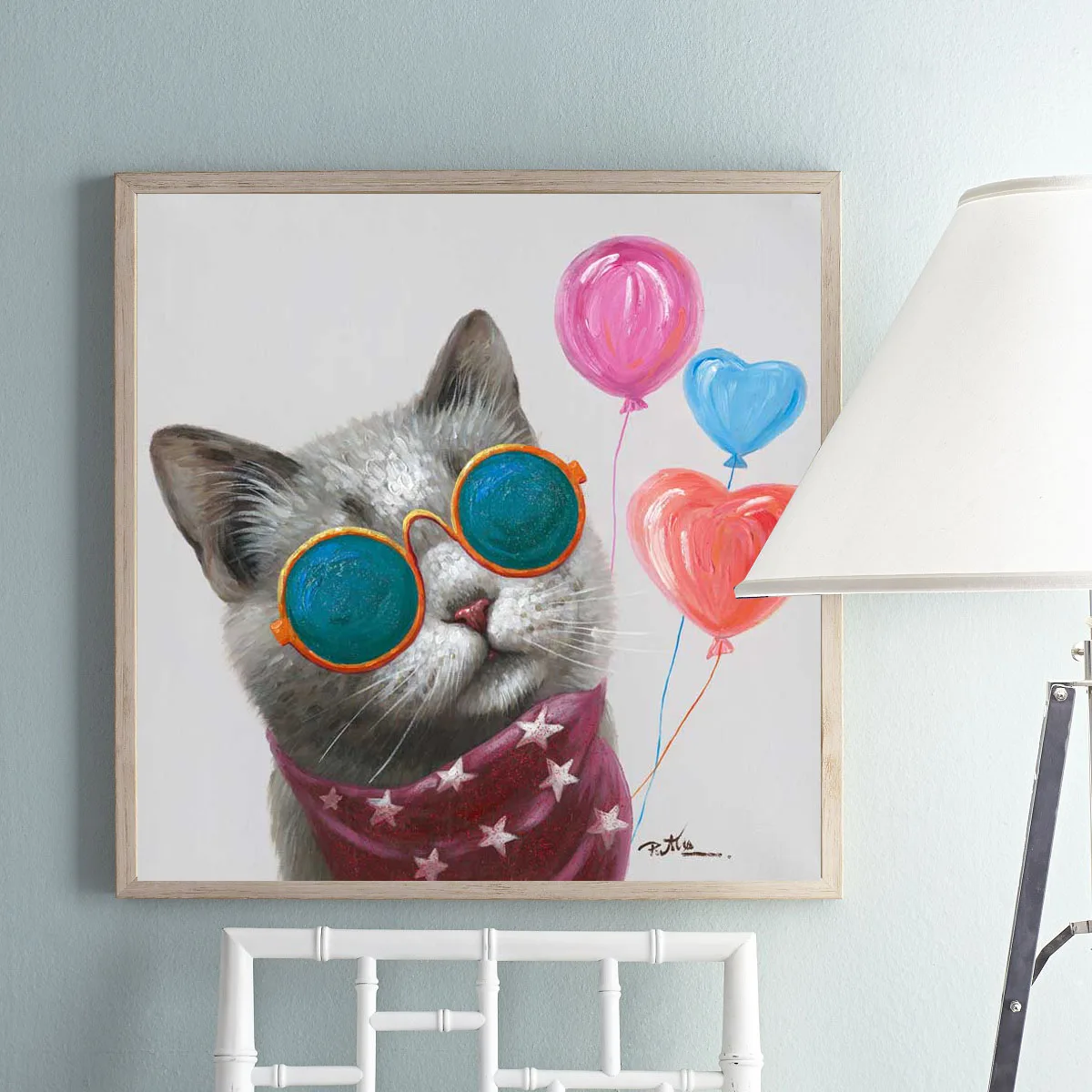 Artree Custom Funny Cute For Kids With Balloon Stretched Hand Wall Art Canvas Whimsy Animal Cat Oil Painting