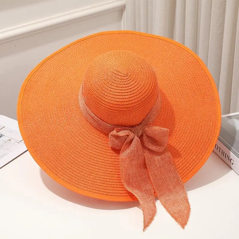 Wholesale Foldable Women Summer Wide Brim Sun Sombrero Ribbon Bow Paper Straw ppy Beach Hat