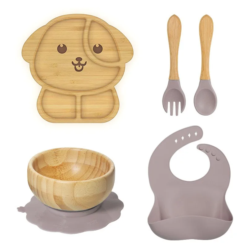 New Bamboo Fiber Divided Silicone Suction Kids Baby Food Child Wooden Organic Plates Dish Spoon Baby Feeding Set