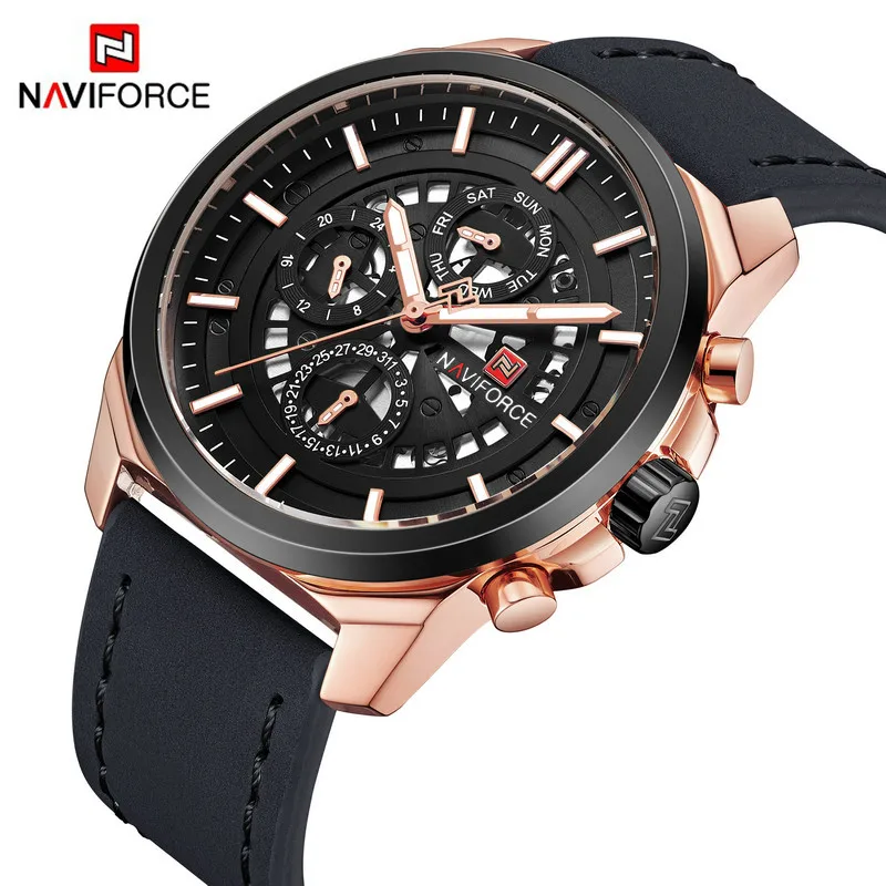 2019 Naviforce 9129 Genuine Leather Band Fashion  Watch For Men High Quality Waterproof Small Dial Can Work Male Watch