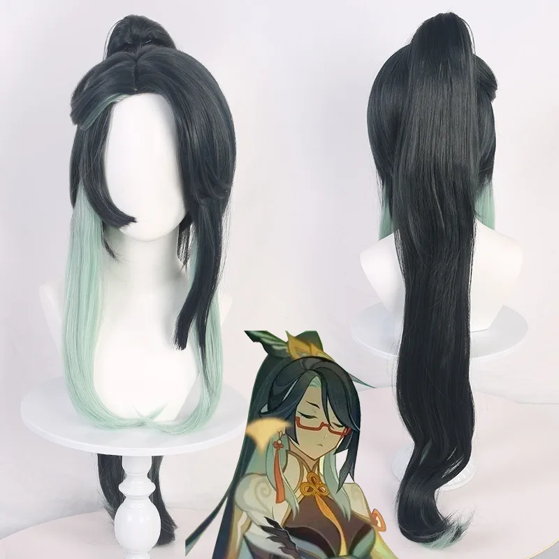 Wholesale 70cm Long Straight Demon Slayer Wig Black Light Green Mixed Tokitou Muichirou Synthetic Anime Cosplay Wigs
