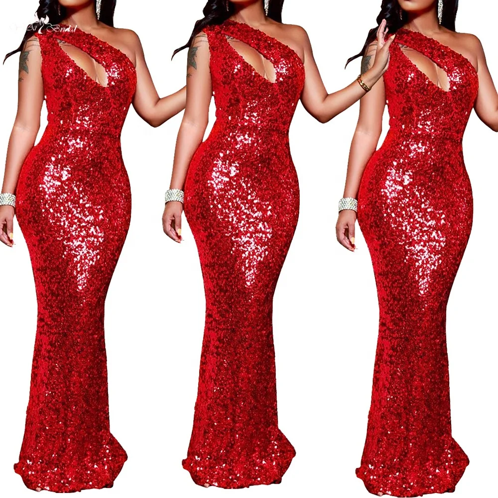 LZF146 One Shoulder Sleeveless Mermaid Prom Dress Shiny Red Sequined Evening Dresses