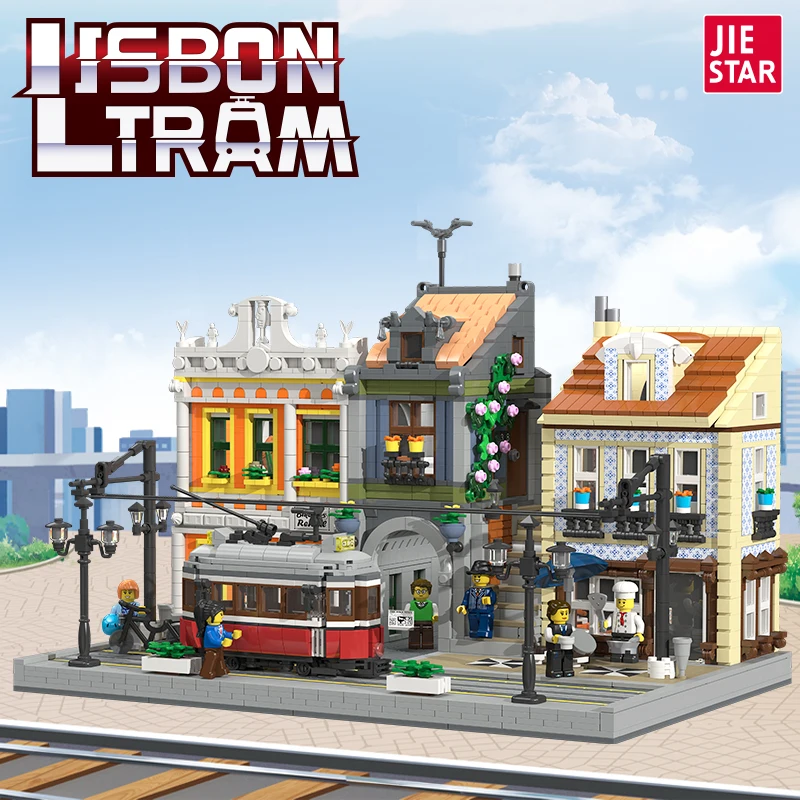 JIESTAR игрушки 3080 шт. двухэтажная Европейская Лисбонская трамвайная станция moc строительные блоки Детская модель с видом на улицу развивающая игрушка