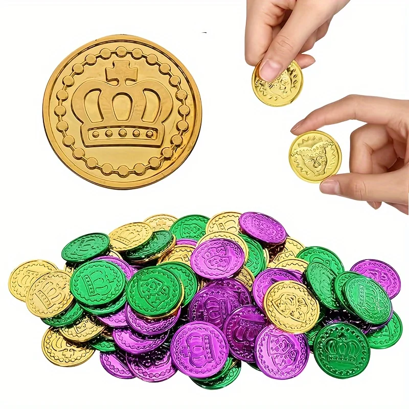 Mardi Gras Party Favors Decorations Throws For Parades Fake Purple Green Golden Plastic Coins For Pirate Hunting Game Supplies