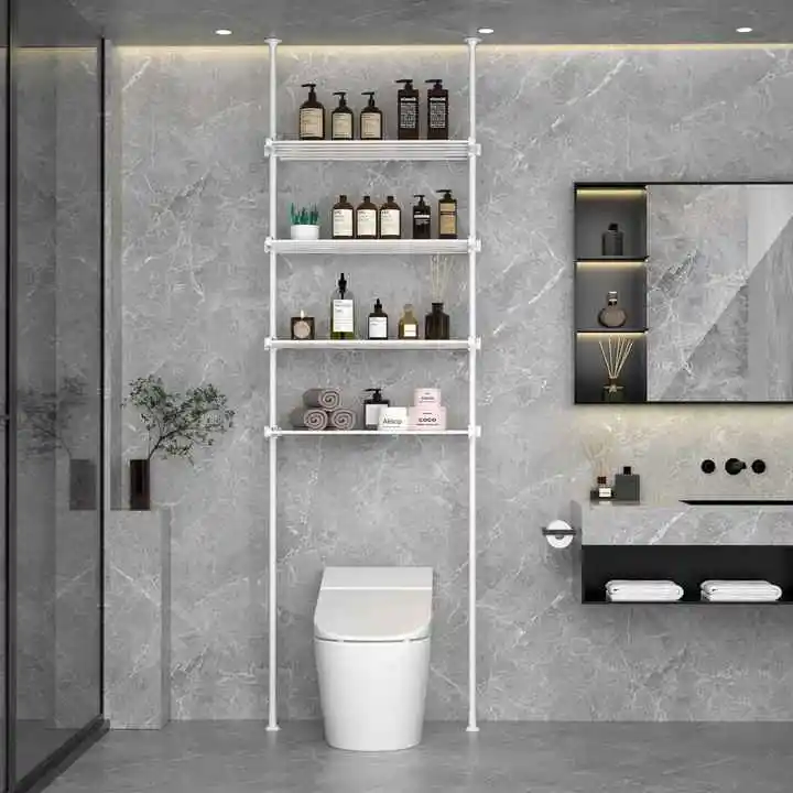 Adjustable Over The Toilet Storage Cabinet Floor To Ceiling Storage Shelve Saving Space Toilet Rack Shelf Shelves