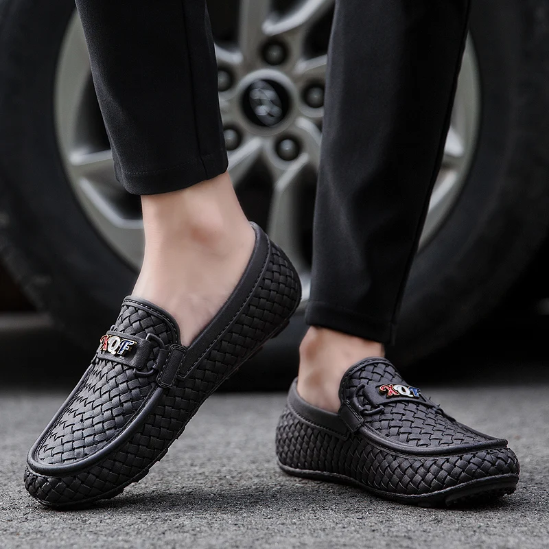 Fashion Men Casual Shoes Slip-on Loafers Peas Shoes Men Flat Casual Lazy Sneakers Version Breathable Weaving Mans Driving Shoes