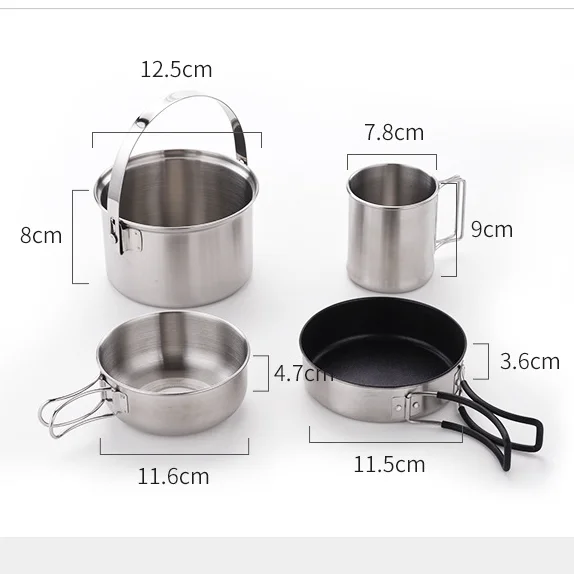 Outdoor Stainless Steel Portable Camping Cookware Kettle Pot and Pans 3pcs Set Outdoor Picnic Camping Cooking Kettle Hanging Pot
