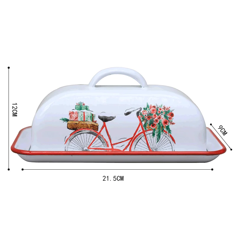 Enamel Butter Dish With handle of Bicycle Flower print biscuit container/holder