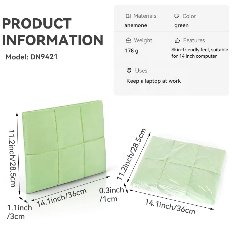 Women Lovely Light Green Windbreak Polyester Material 360 Degree Fleece Fully Protection Quilted Puffer Laptop Carrying Case