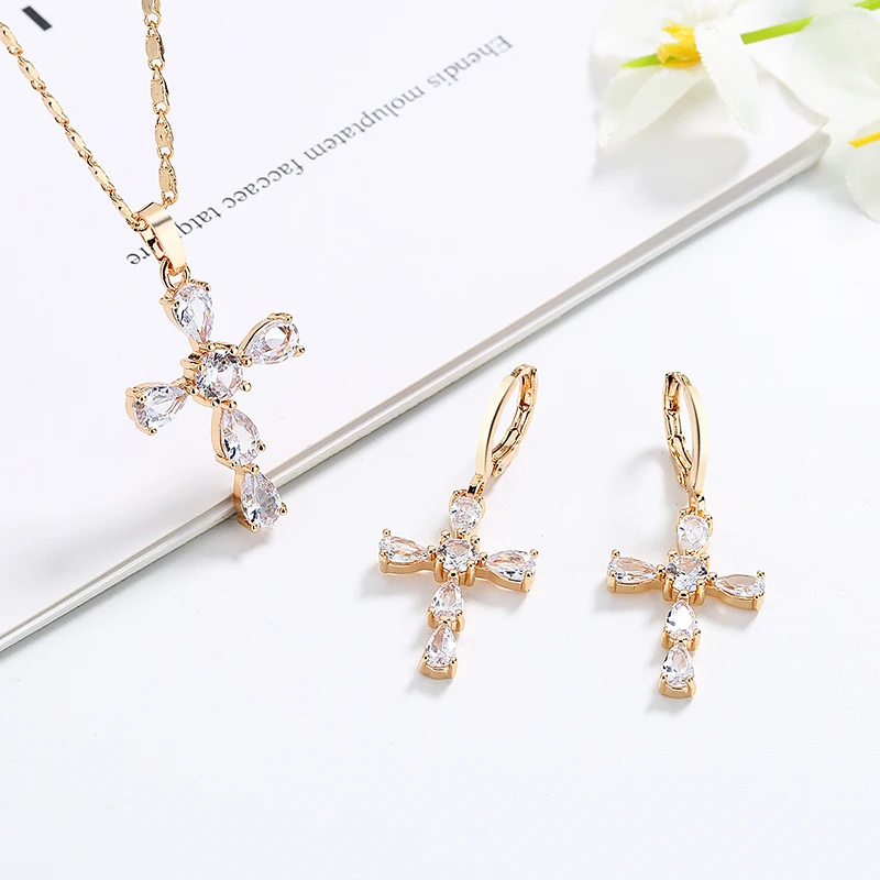 factori price 18k plated gold cross earring necklace sets zirconia wholesale jewelri for women
