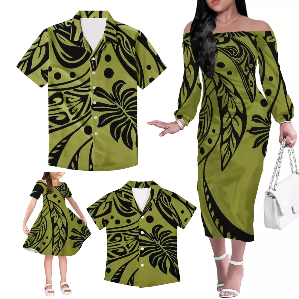 Red Polynesian Family Set 4pcs Set Unique Gifts For MOM Daddy Kids Polyester Off Shoulder Long Dress Little Girl Skrits Set