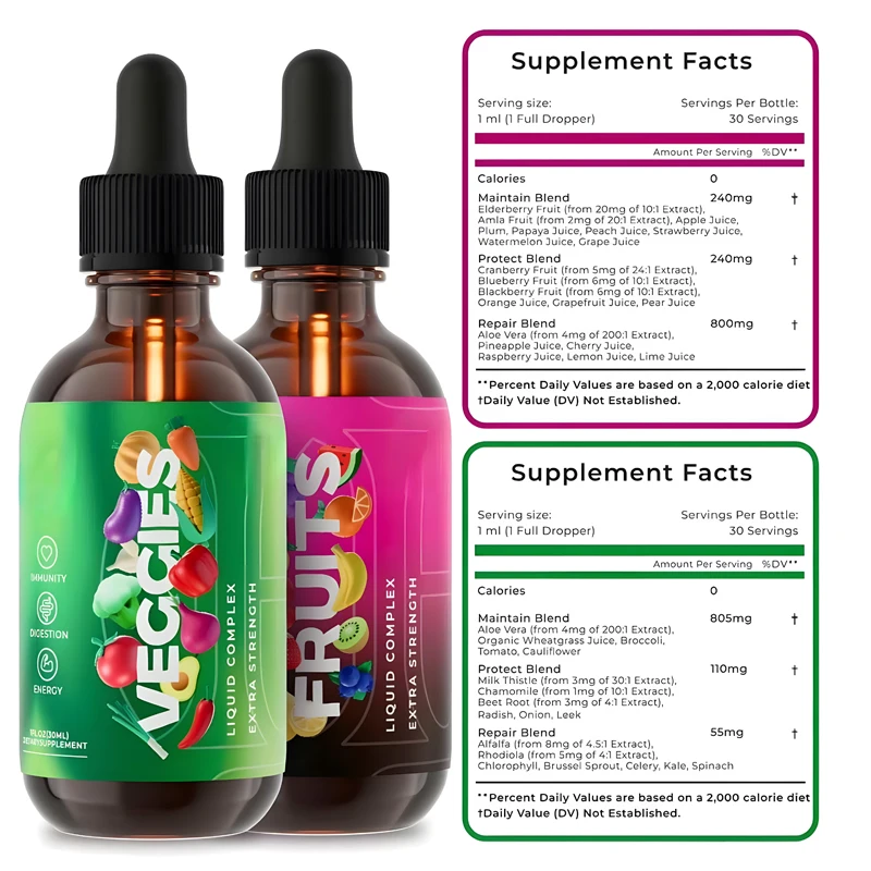 OEM factory Private Label  Vegan Support  Vitamins and Minerals super Supports Health  supplement Fruits and vegetable Drops