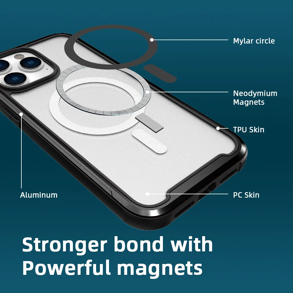 Wholesale For iPhone 13 14 Pro Max Luxury Wireless Charging Magnetic Back Cover Black Aluminum Frame Protective Phone Case