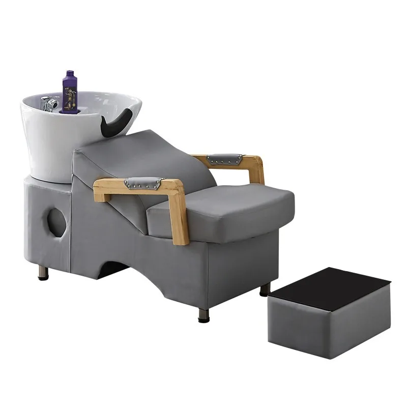 Black Basin Hair Salon Shampoo Chairs Wooden Handrail Spa Chair Salon Furniture Set