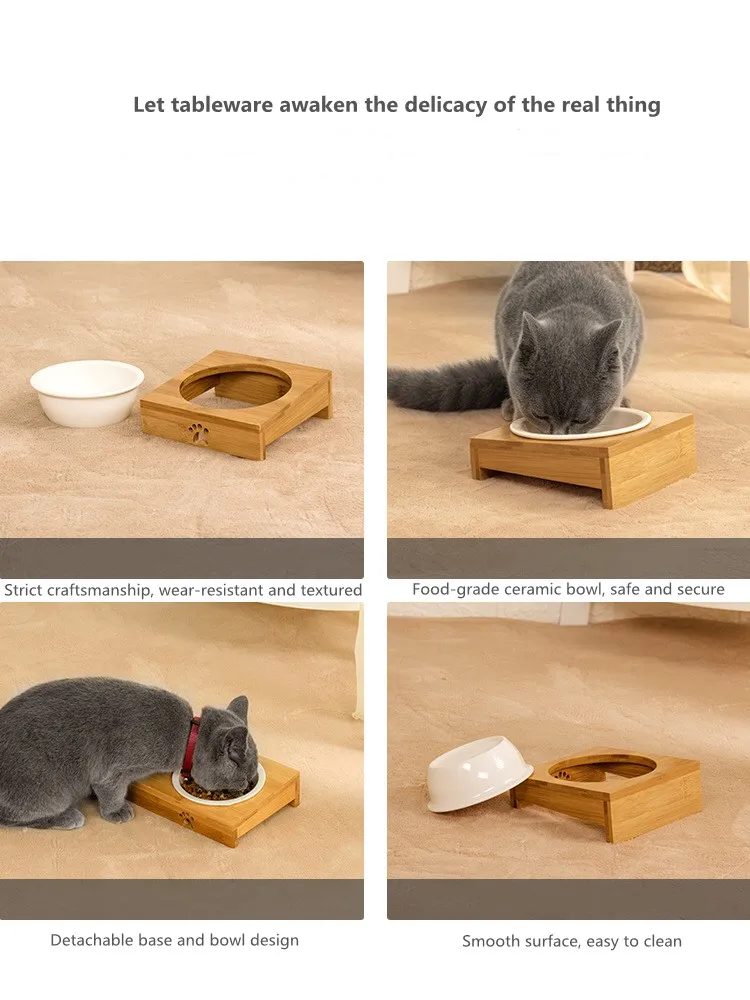 Factory Wholesale Safety And Health Bamboo Pet Cat Double Bowl Ceramic Pet bowl